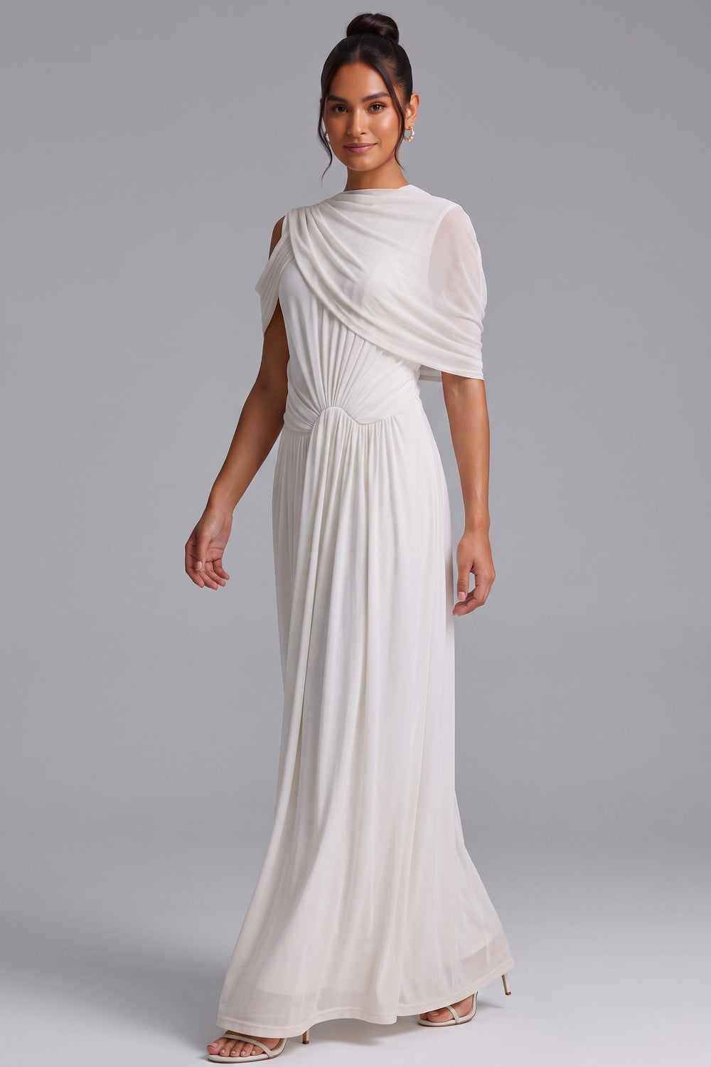 White Draped Maxi Dress with Cold Shoulder Detail - OWNCI