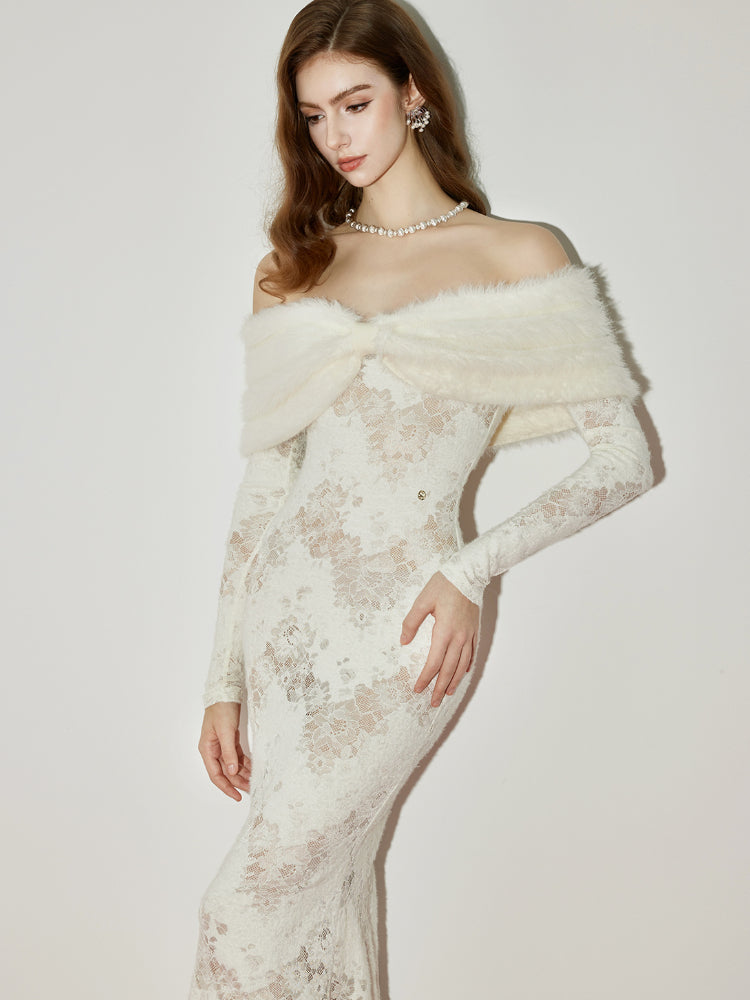 Julia Off-Shoulder Fur Collar Long Sleeve Lace Maxi Dress In White - OWNCI Julia Off-Shoulder Fur Collar Long Sleeve Lace Maxi Dress In White - OWNCI