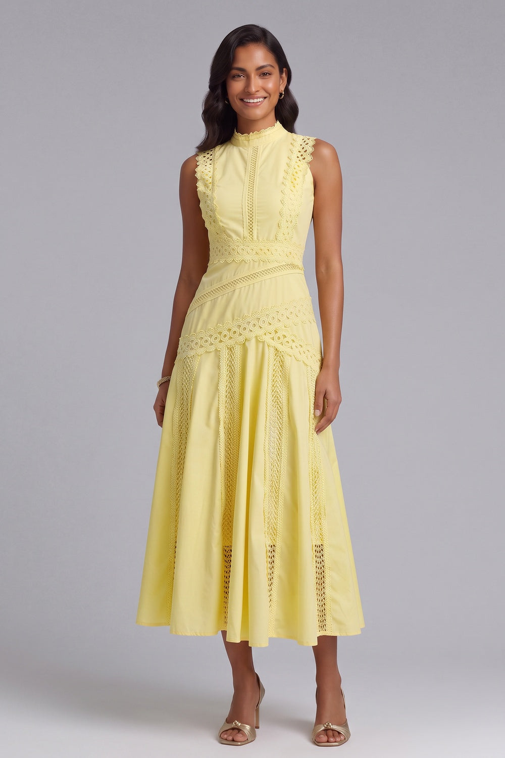 Yellow A-Line Midi Dress with Lace Inserts - OWNCI Yellow A-Line Midi Dress with Lace Inserts - OWNCI
