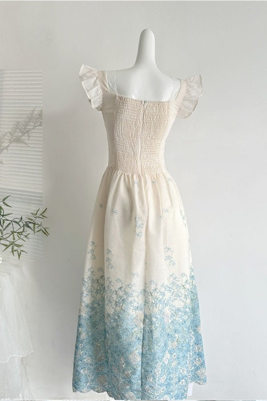 White Cotton Woven Fit-and-Flare Midi Dress with Gradient Floral and Eyelet - OWNCI White Cotton Woven Fit-and-Flare Midi Dress with Gradient Floral and Eyelet - OWNCI
