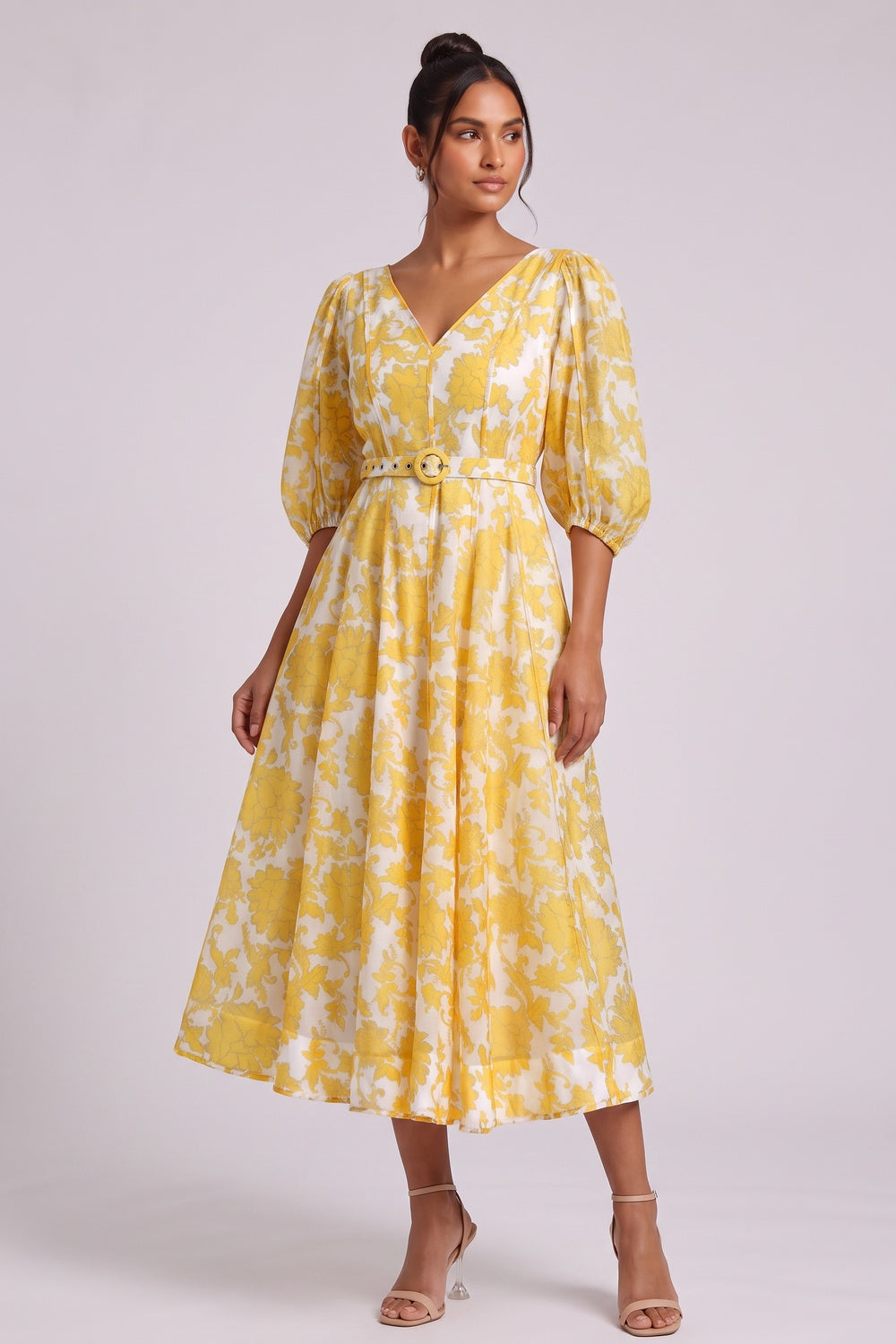 Yellow Floral Midi Dress with Belt - OWNCI