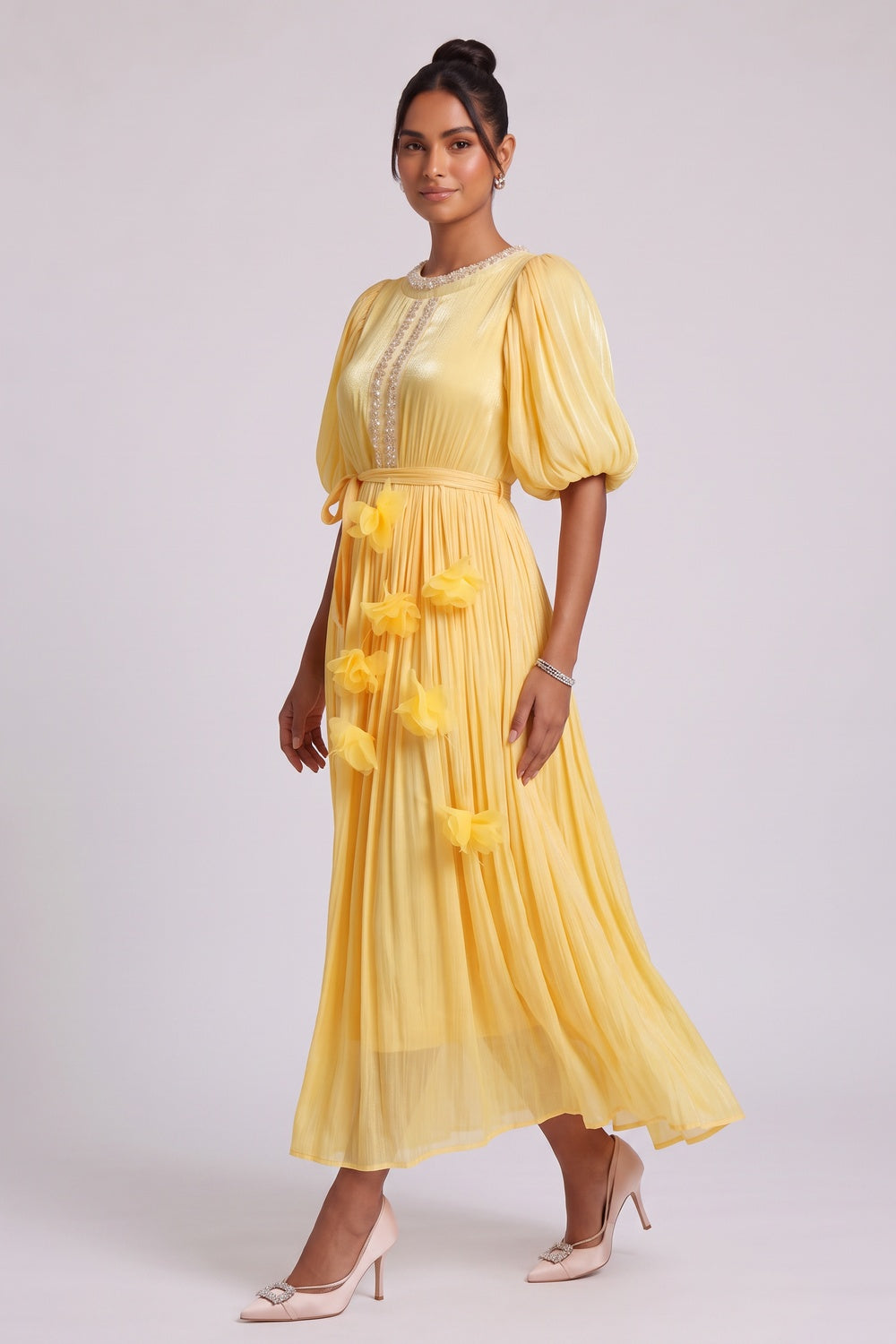 Yellow Midi Dress with Beaded Neckline and 3D Floral Appliqués - OWNCI