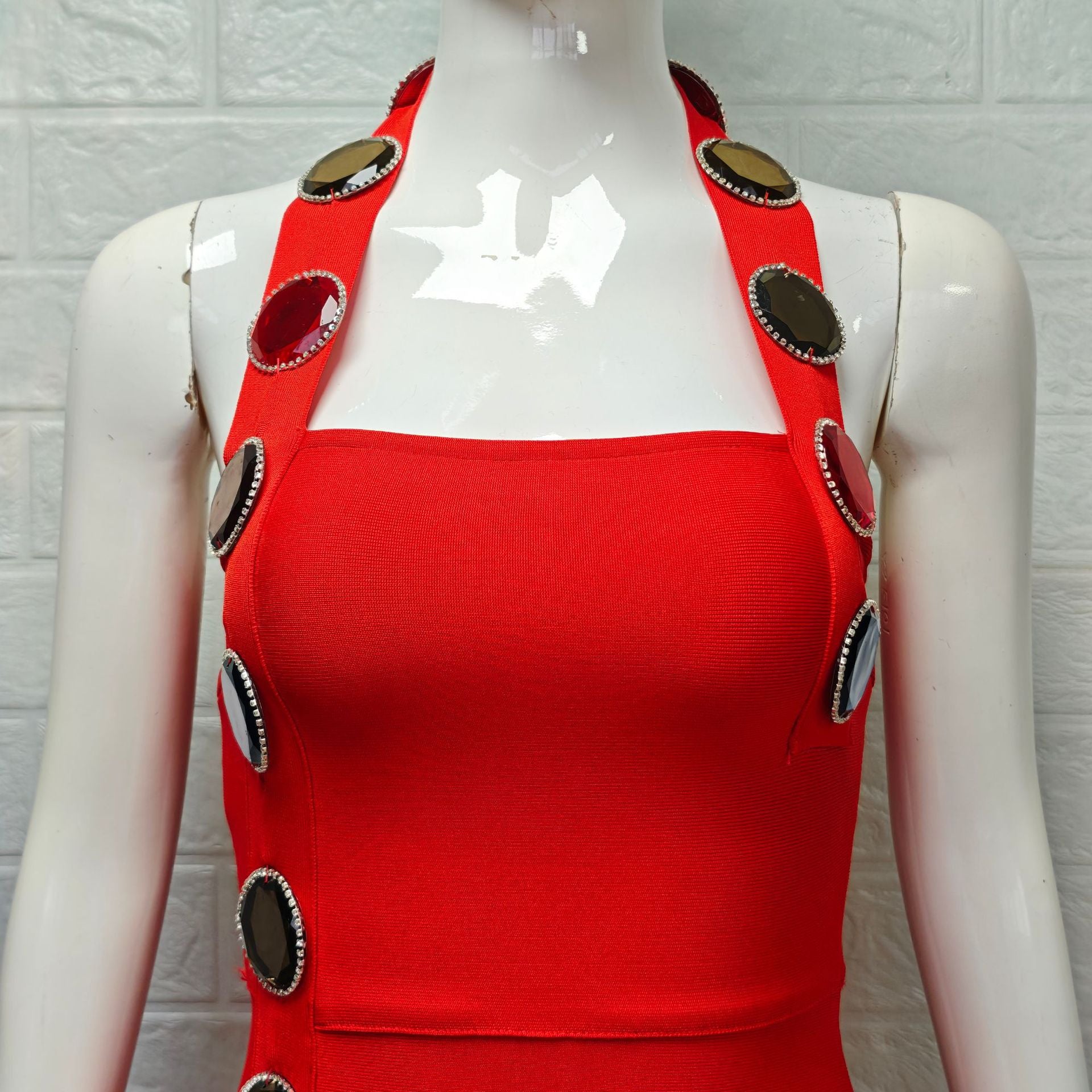 Red Heavy Stretch Crepe Column Dress - OWNCI