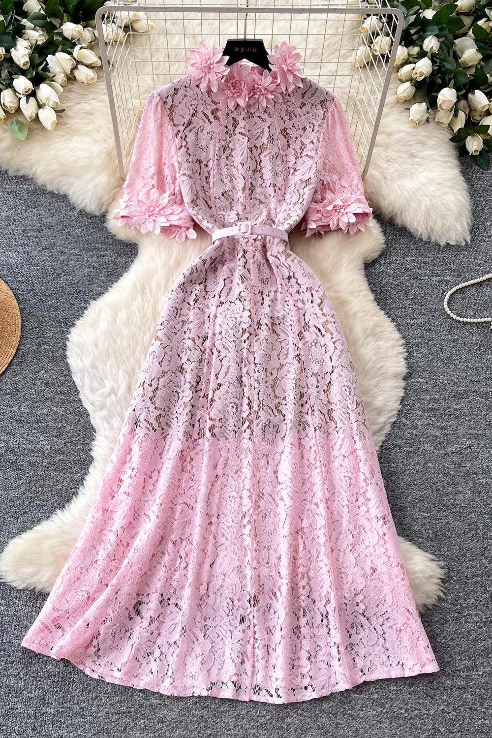 Pink Floral Lace A-Line Midi Dress - OWNCI