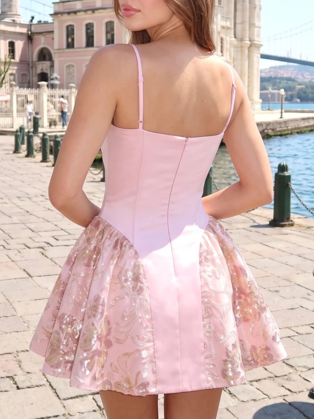 Floral Sequin A Line Dress Pink - OWNCI