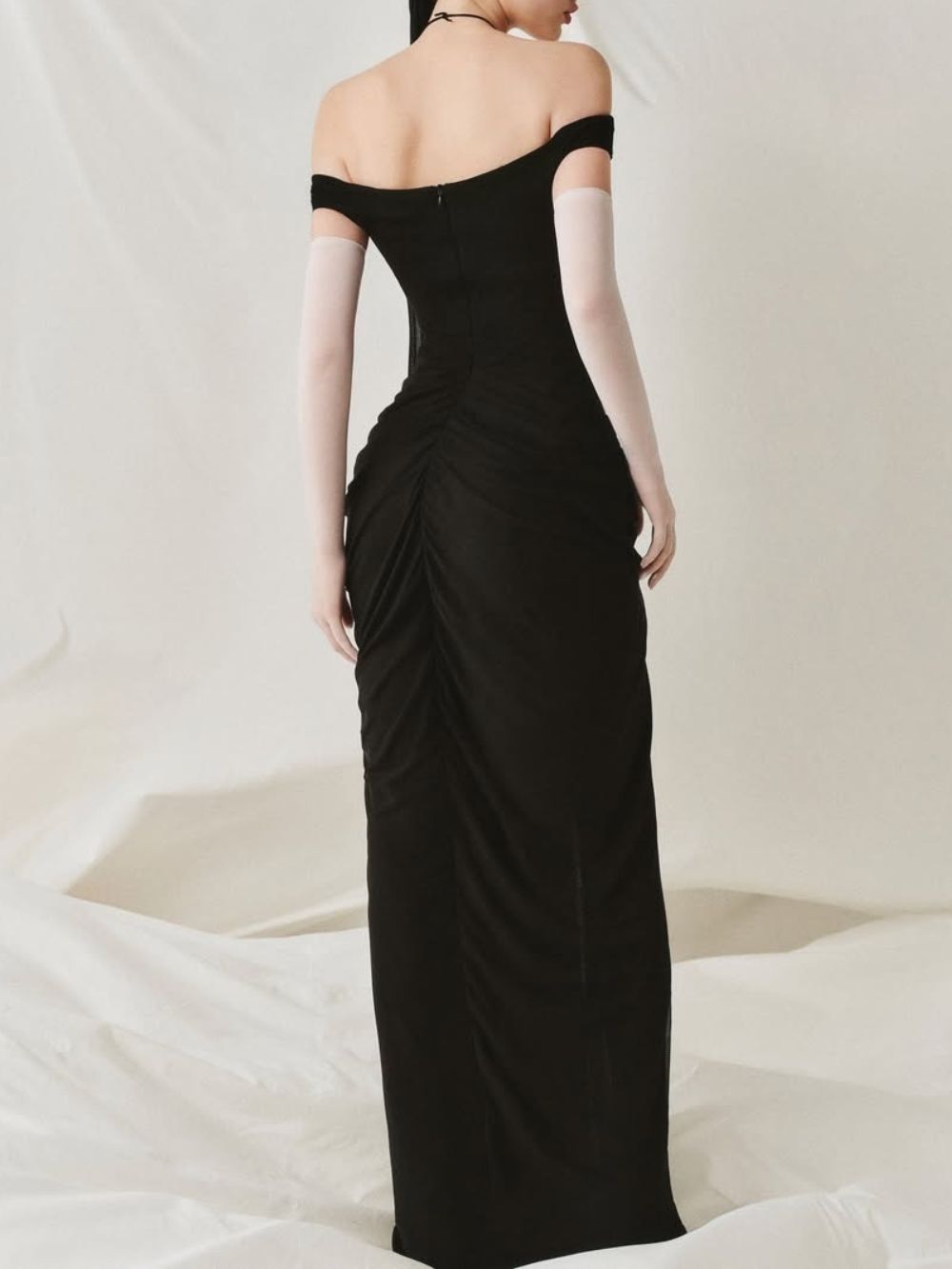 Draped Bardot Maxi Dress Black - OWNCI