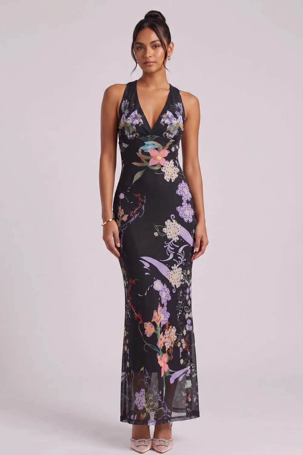 Black Sheer Mesh Fitted Column Maxi Dress with Engineered Floral Print - OWNCI Black Sheer Mesh Fitted Column Maxi Dress with Engineered Floral Print - OWNCI