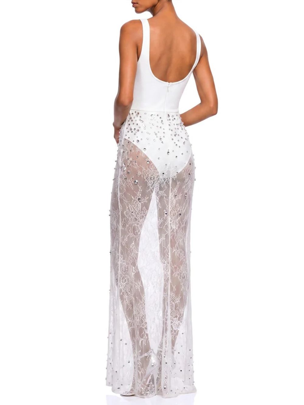 Vynora V Neck Pearl Lace Maxi Dress - OWNCI