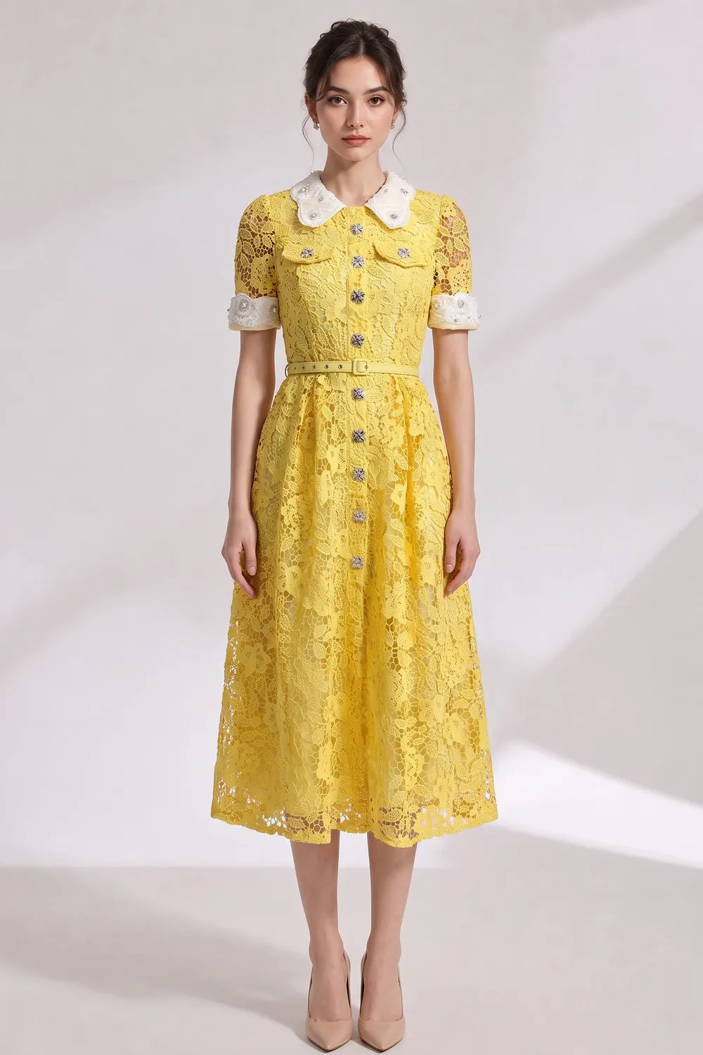 Yellow Guipure Floral Lace A-Line Midi Dress - OWNCI