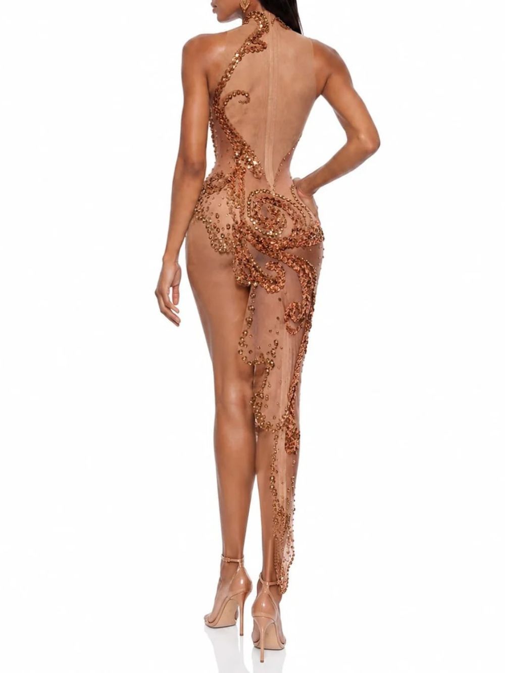 Abrisel High Neck Mesh Rhinestone Dress - OWNCI