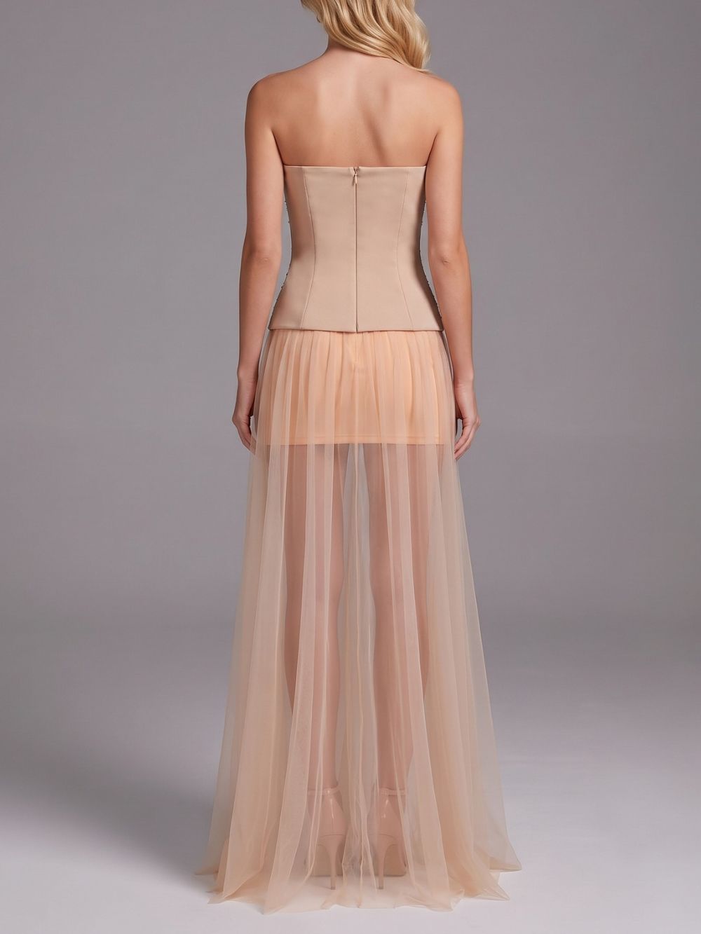 Strapless Embellished Mesh A Line Maxi Dress - OWNCI