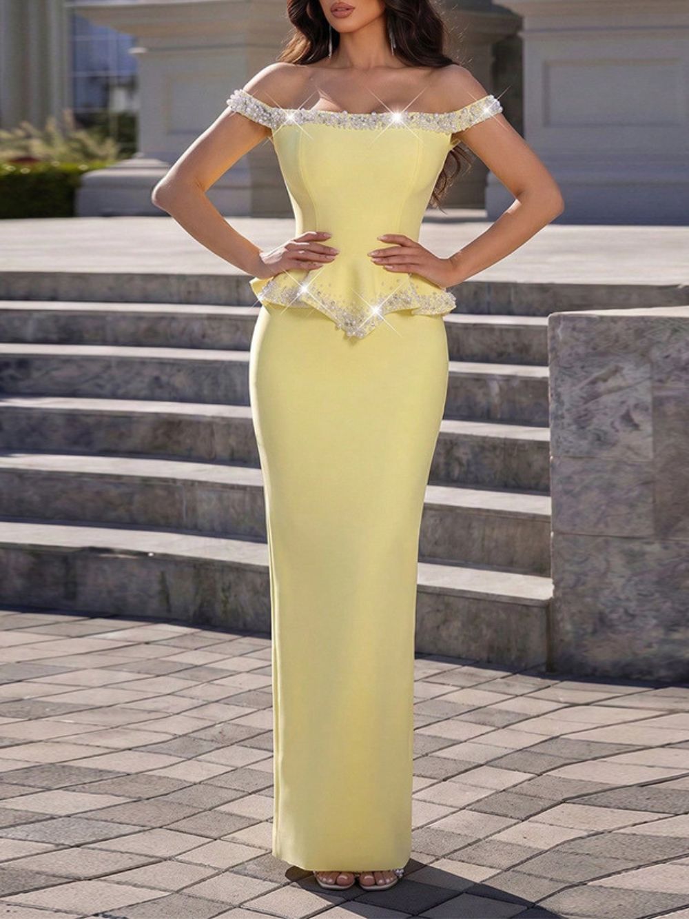 Crystal Pearl Peplum Detail Maxi Dress Yellow - OWNCI