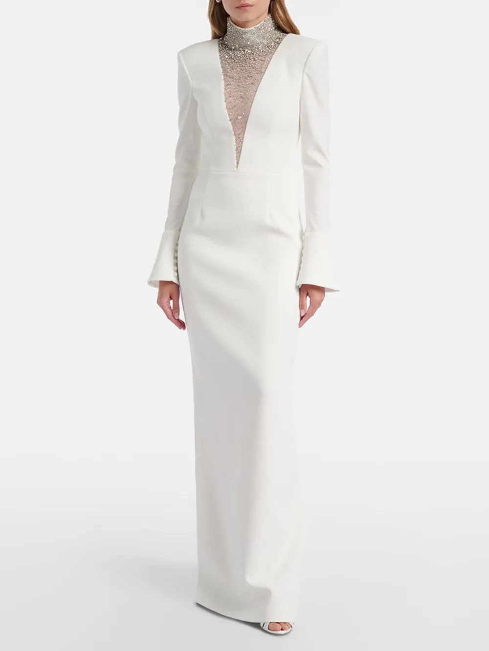 Long Sleeve Crystal Mesh Maxi Dress White - OWNCI