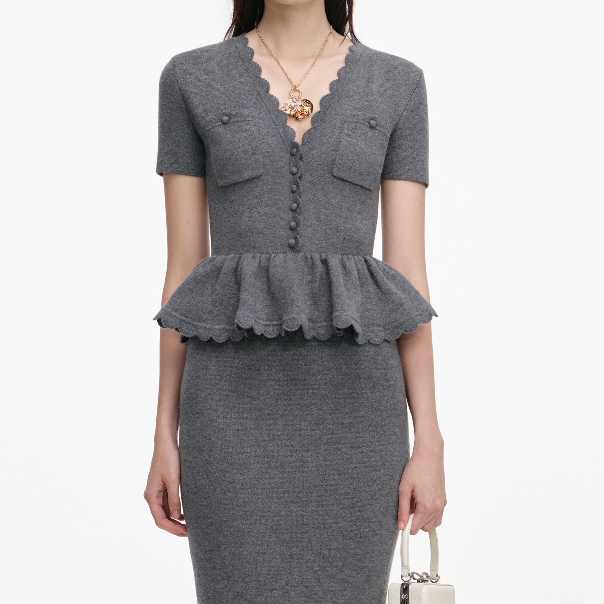 Mandy V-Neck Peplum Knit Midi Dress In Grey - OWNCI Mandy V-Neck Peplum Knit Midi Dress In Grey - OWNCI