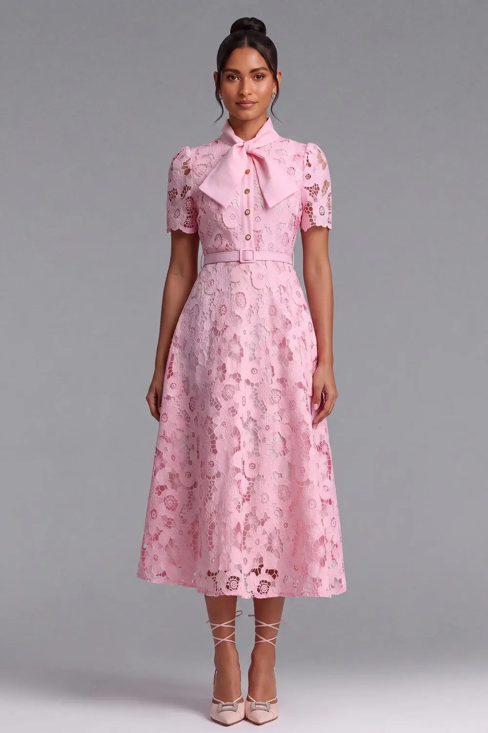 Light Pink Floral Lace A-Line Midi Dress - OWNCI