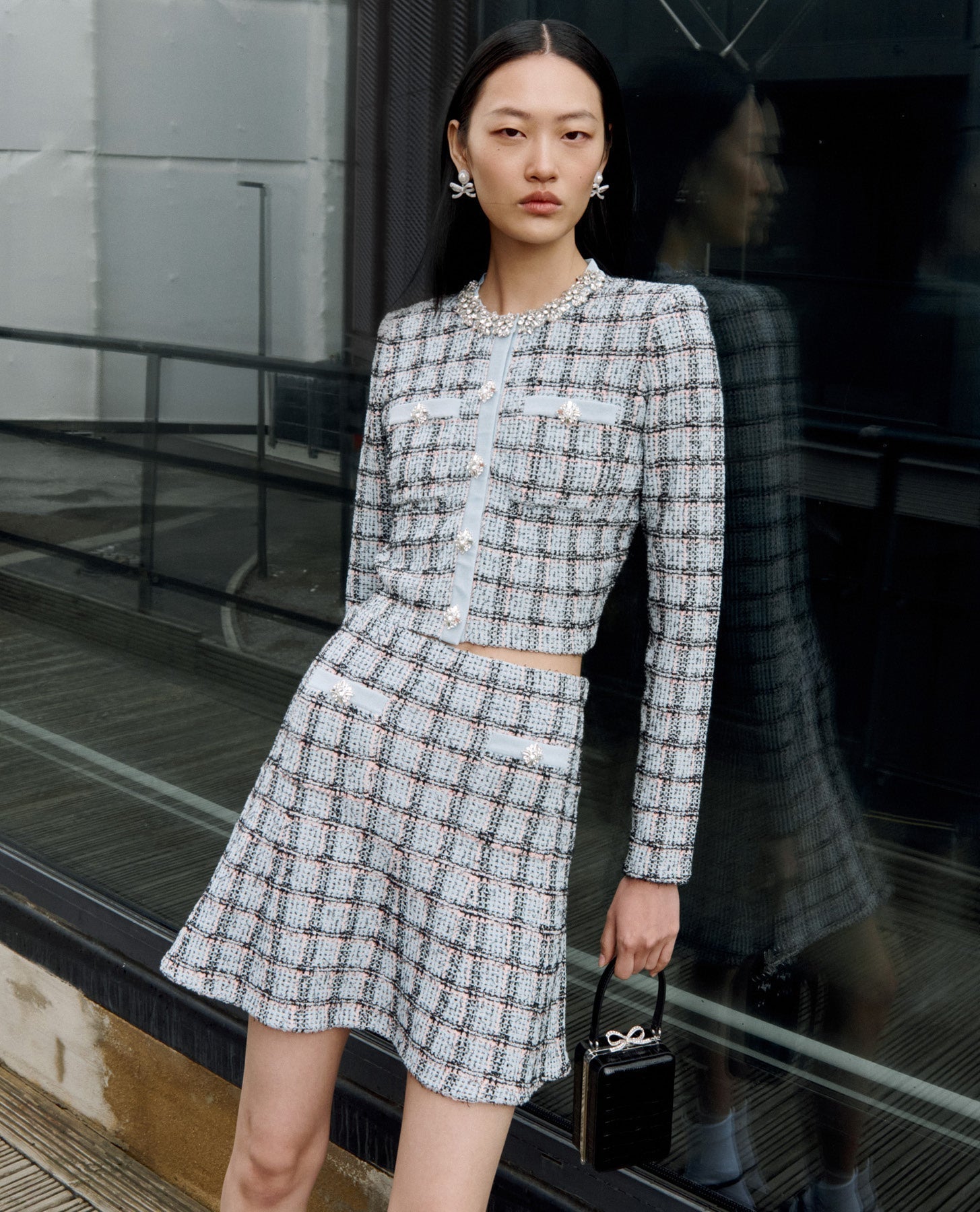 Marjorie Rhinestone Check Knit Cardigan Skirt Set – Pale Blue - OWNCI Marjorie Rhinestone Check Knit Cardigan Skirt Set – Pale Blue - OWNCI