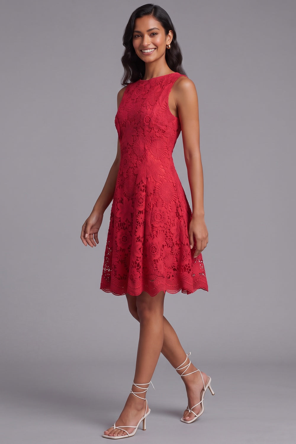 Red Guipure Lace Fit-and-Flare Dress - OWNCI