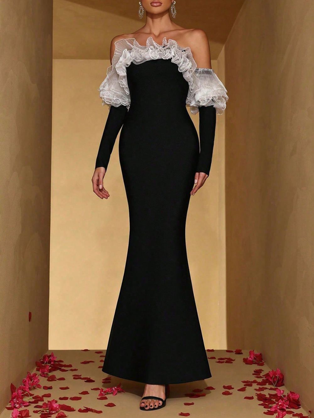 Merit Black Off-Shoulder Long Sleeve Maxi Dress - OWNCI