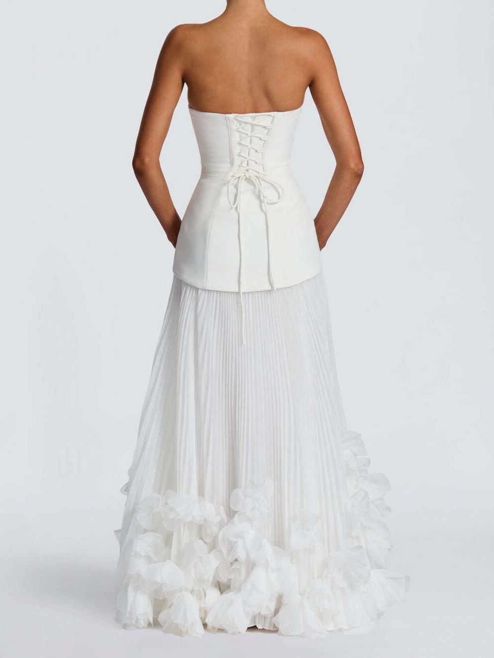 Ovarq Strapless Pleated Flower Maxi Dress In White - OWNCI