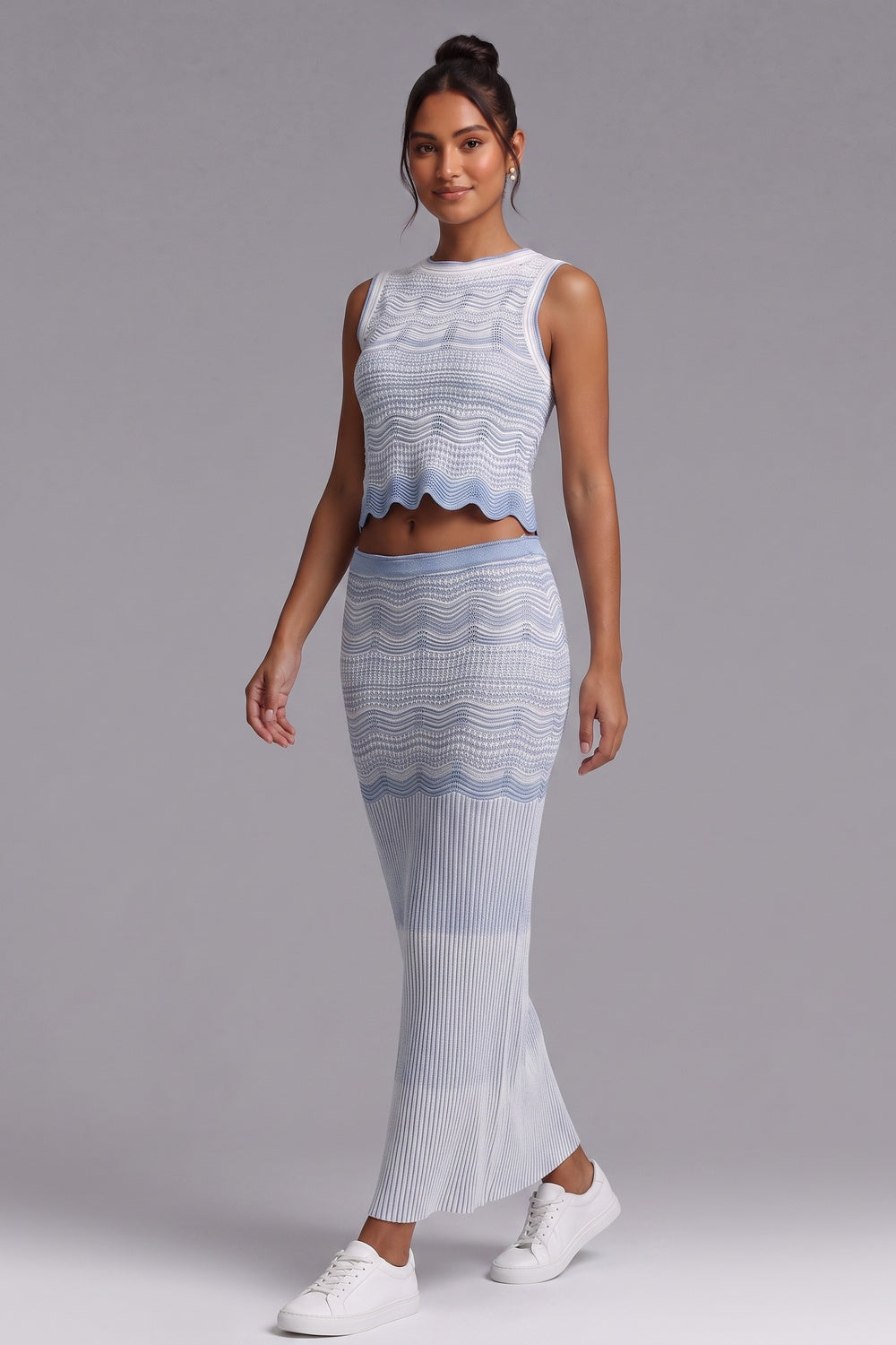 Wavy‑Knit Sleeveless Crop Top & Midi Skirt Two‑Piece Set - OWNCI