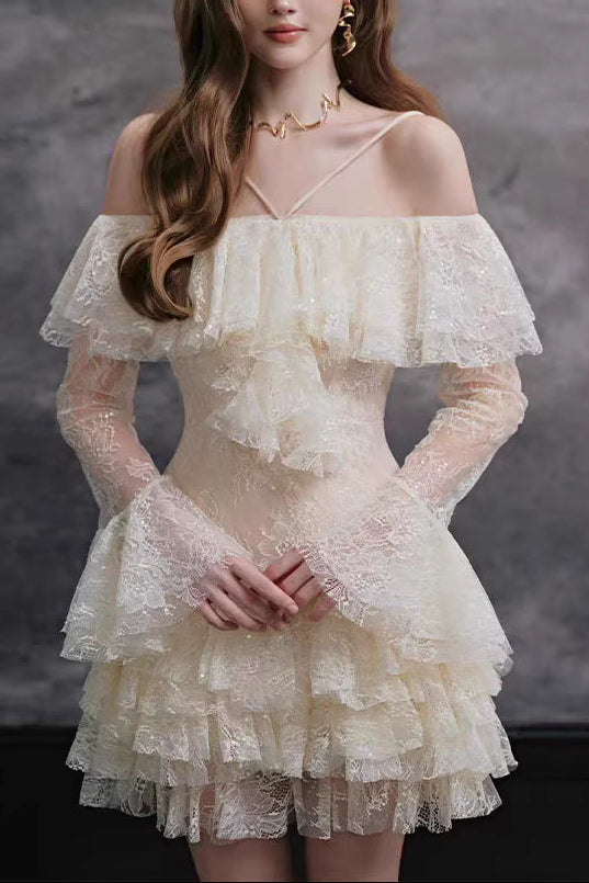 Elisha Off Shoulder Lace Ruffle Mini Dress - OWNCI Elisha Off Shoulder Lace Ruffle Mini Dress - OWNCI