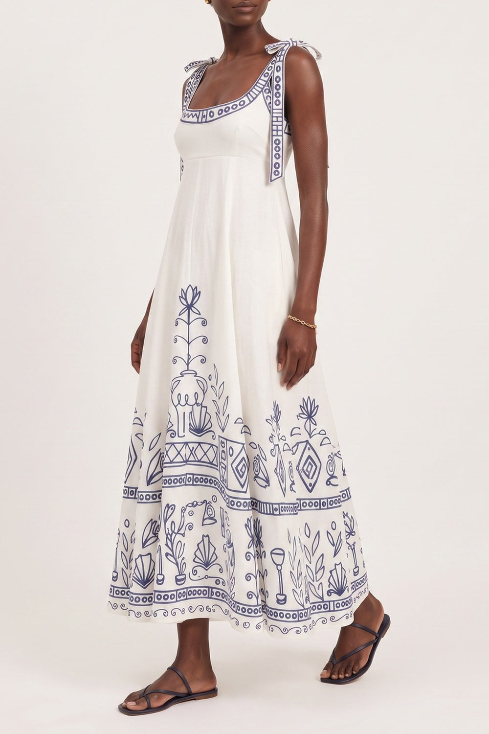 Square Neck Folk Embroidered Midi Dress - OWNCI Square Neck Folk Embroidered Midi Dress - OWNCI