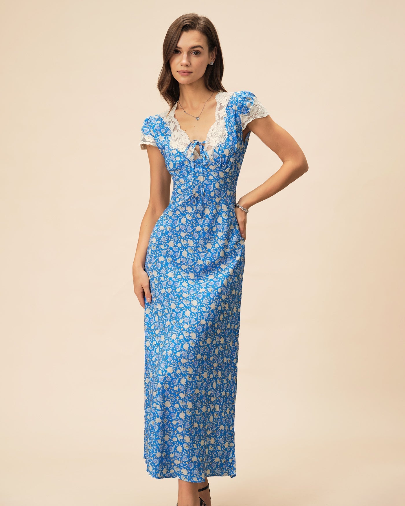 Lyuba Floral Printed Lace-Trimmed V-Neck Maxi Dress In Blue - OWNCI Lyuba Floral Printed Lace-Trimmed V-Neck Maxi Dress In Blue - OWNCI