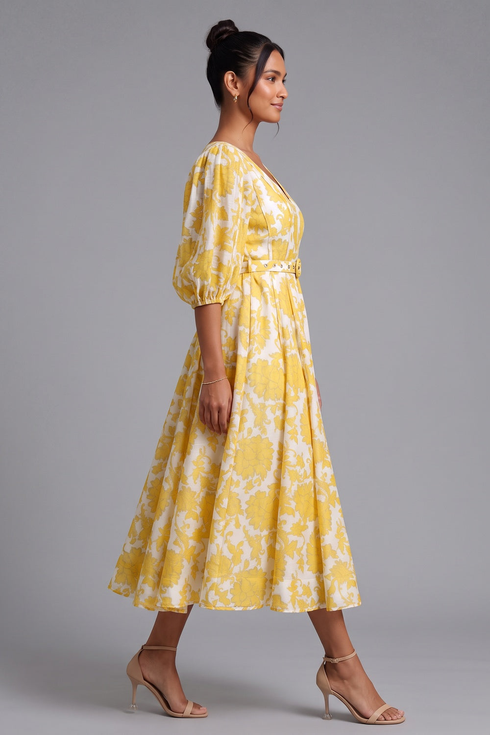Yellow Floral Midi Dress with Belt - OWNCI Yellow Floral Midi Dress with Belt - OWNCI