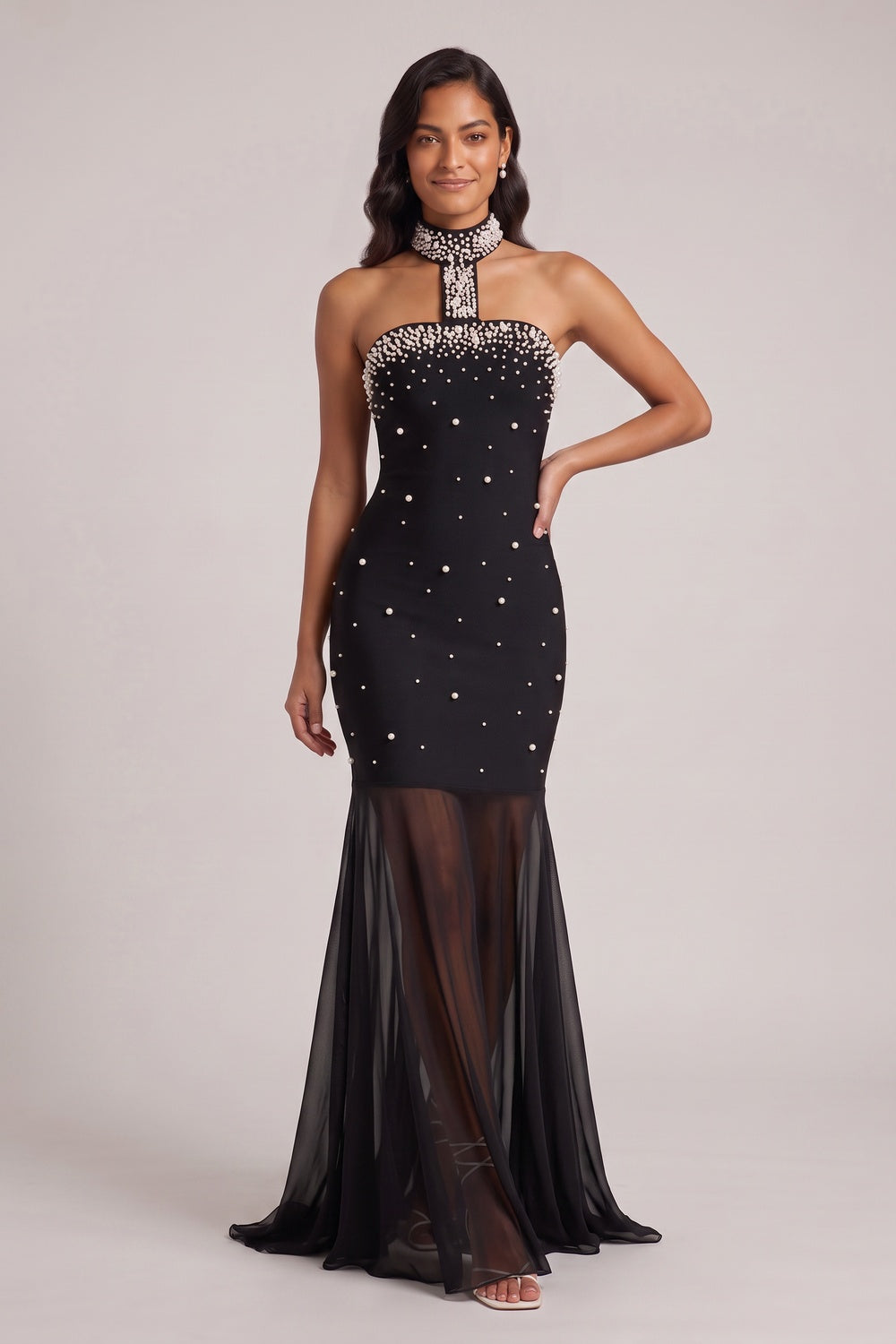 Black Pearl-Embellished Halter Mermaid Gown - OWNCI Black Pearl-Embellished Halter Mermaid Gown - OWNCI