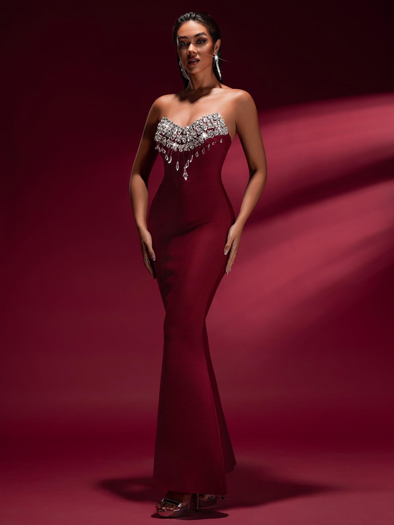 Tina Off-Shoulder Crystal Applique Bandage Mermaid Gown In Burgundy - OWNCI Tina Off-Shoulder Crystal Applique Bandage Mermaid Gown In Burgundy - OWNCI