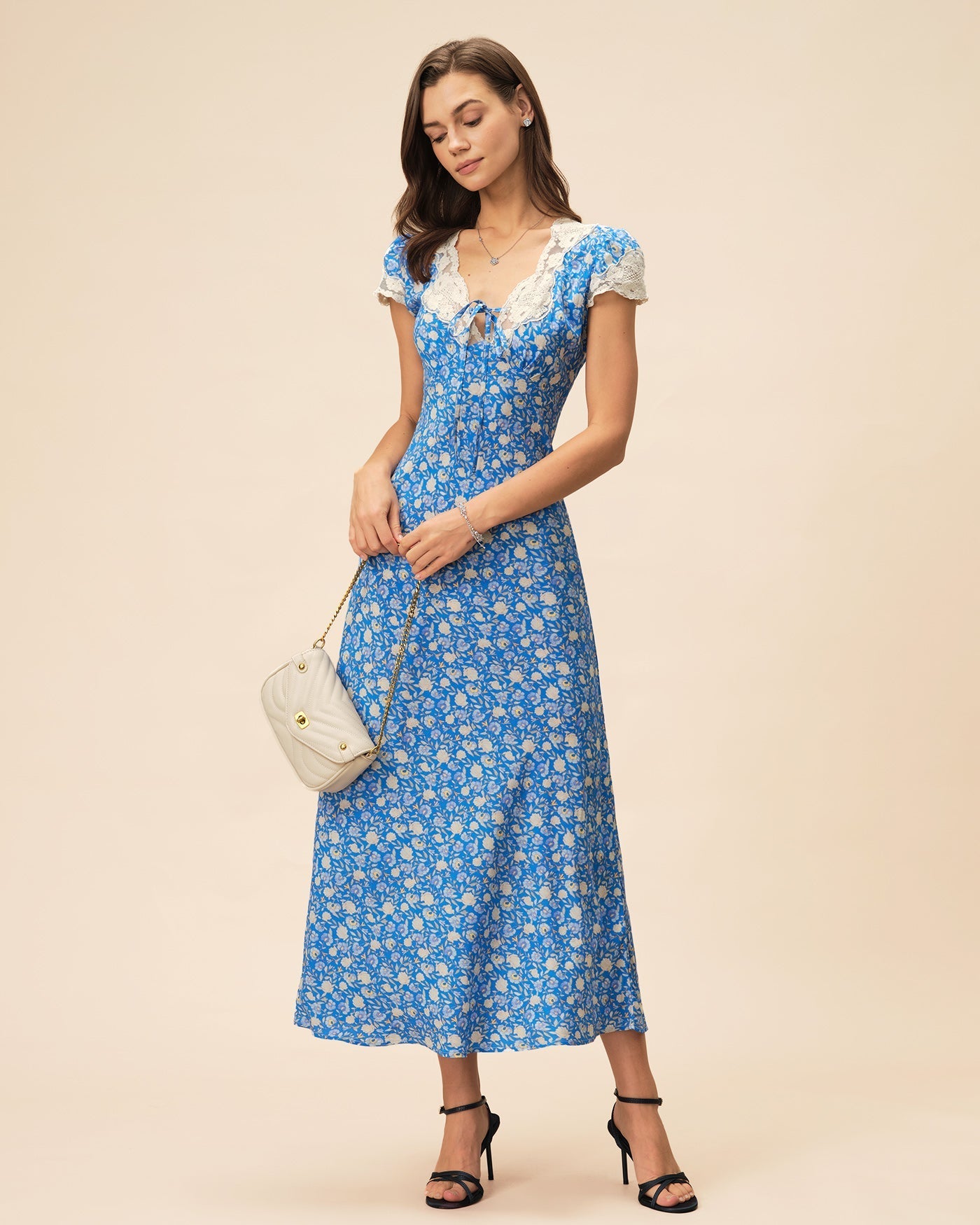 Lyuba Floral Printed Lace-Trimmed V-Neck Maxi Dress In Blue - OWNCI Lyuba Floral Printed Lace-Trimmed V-Neck Maxi Dress In Blue - OWNCI