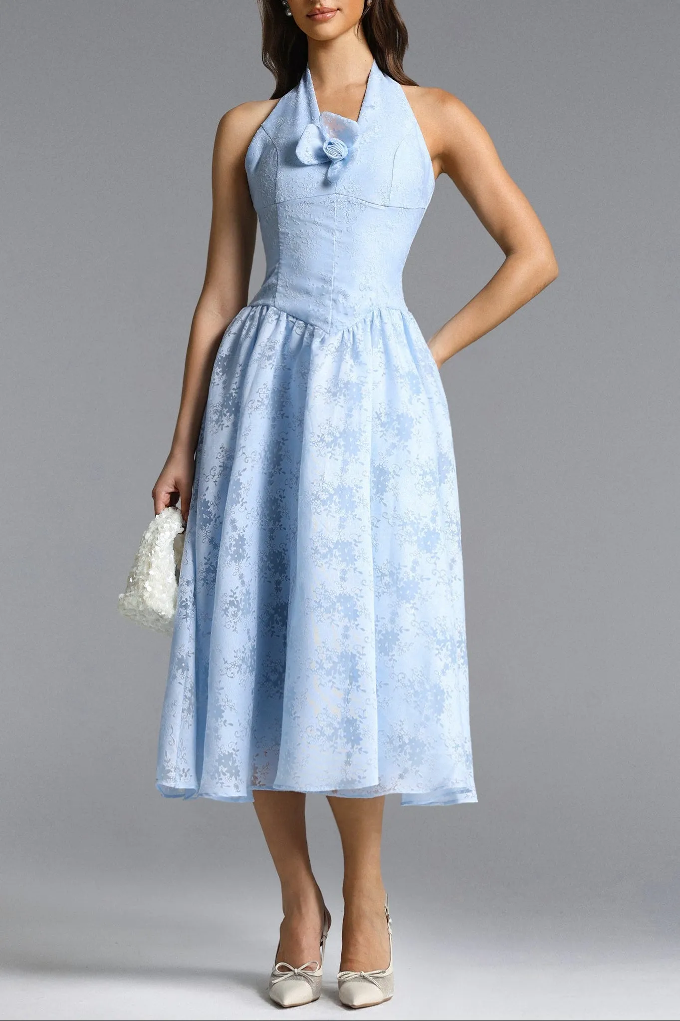 Delaney Blue Halter Floral Jacquard Midi Dress - OWNCI Delaney Blue Halter Floral Jacquard Midi Dress - OWNCI