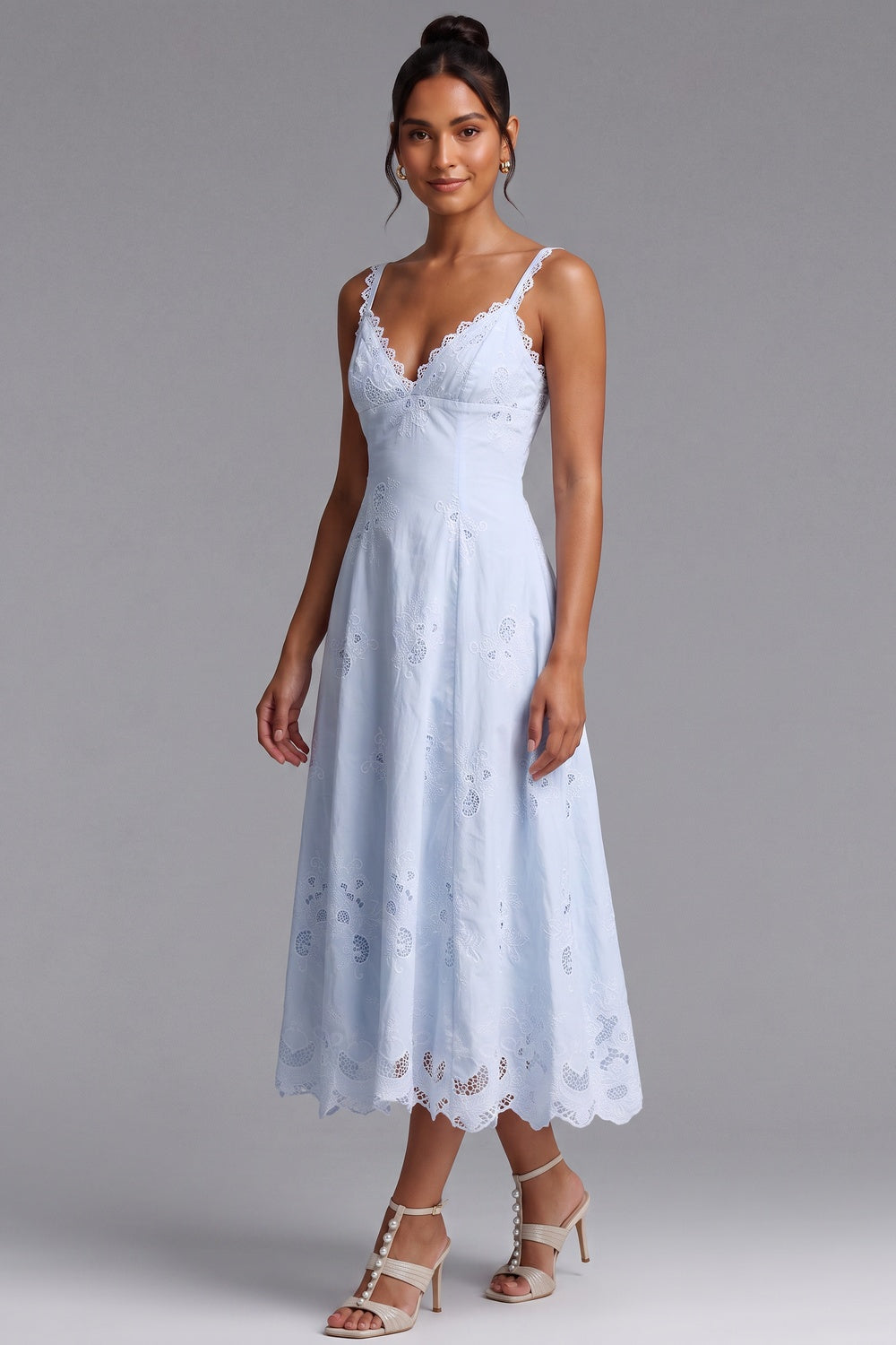 Light Blue Cotton Eyelet A-Line Midi Dress - OWNCI