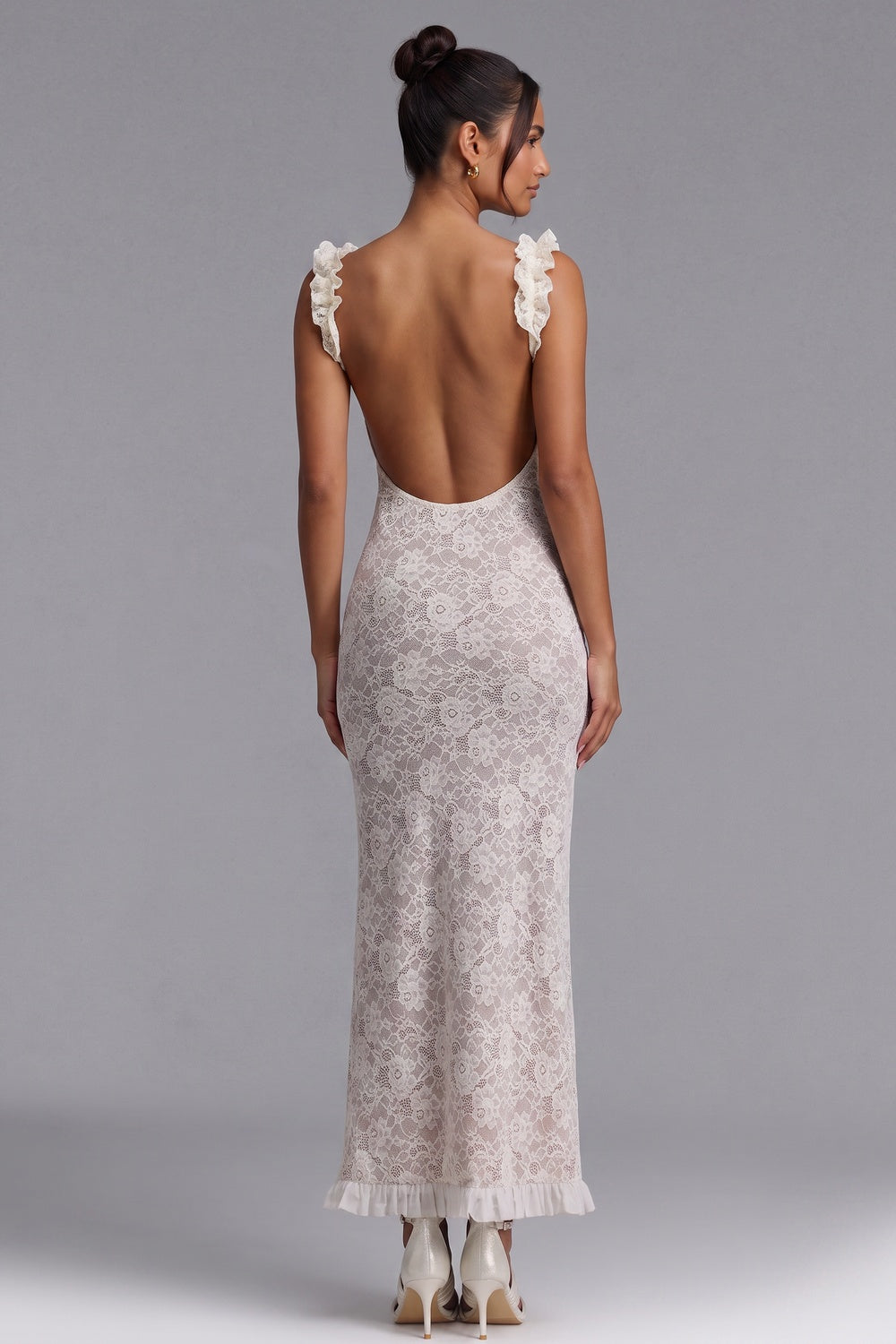 White Lace Maxi Dress with Ruffled Square Neckline - OWNCI White Lace Maxi Dress with Ruffled Square Neckline - OWNCI