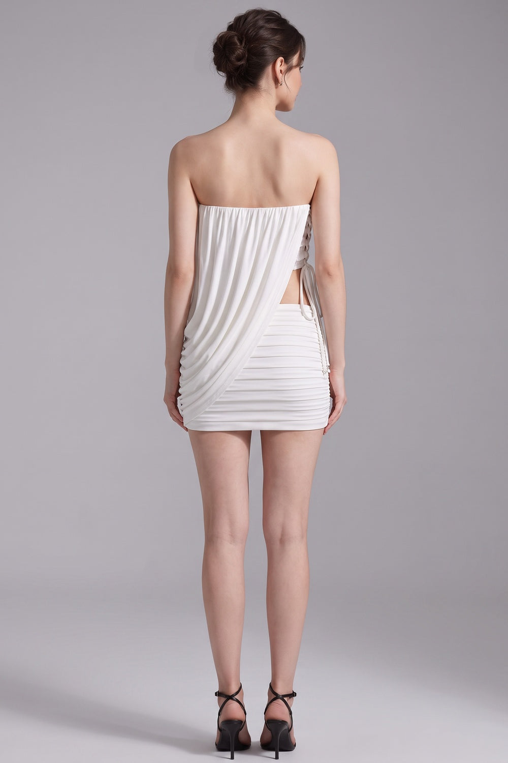 White Stretch Jersey Fitted Skirt with Draped Asymmetrical Top Two-Piece Set - OWNCI White Stretch Jersey Fitted Skirt with Draped Asymmetrical Top Two-Piece Set - OWNCI