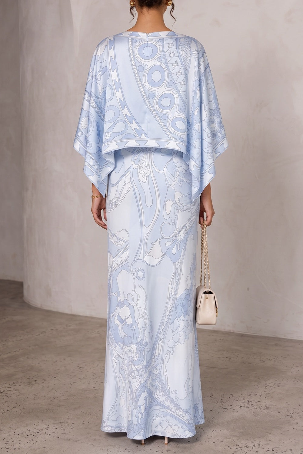 Printed Cape Satin Maxi Dress - OWNCI