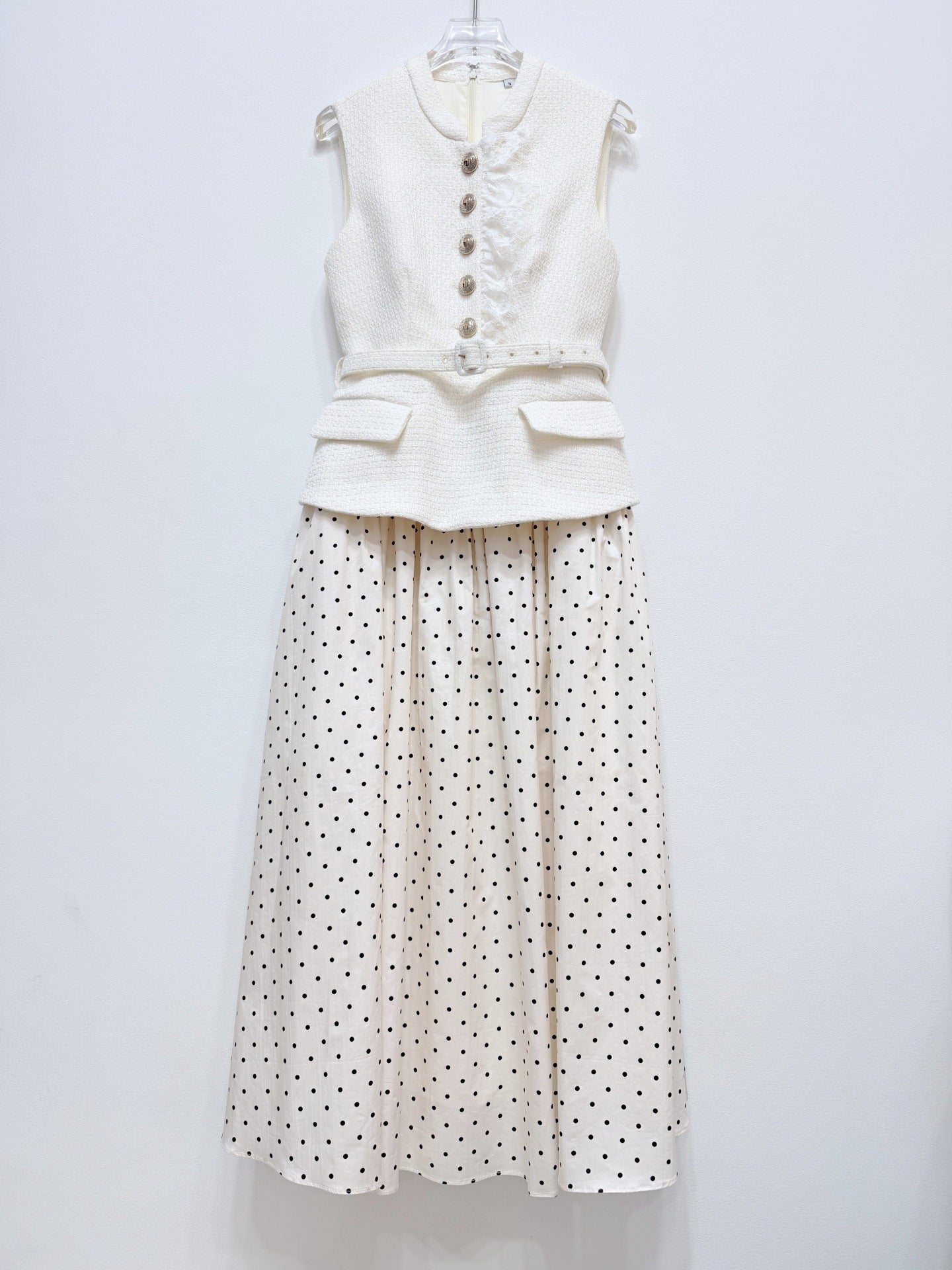 Sleeveless Textured Vest & Polka‑Dot Pleated Midi Skirt Two‑Piece Set - OWNCI Sleeveless Textured Vest & Polka‑Dot Pleated Midi Skirt Two‑Piece Set - OWNCI