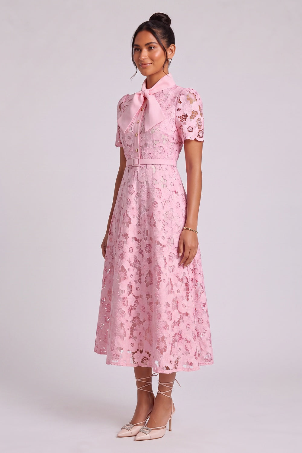 Light Pink Floral Lace A-Line Midi Dress - OWNCI Light Pink Floral Lace A-Line Midi Dress - OWNCI