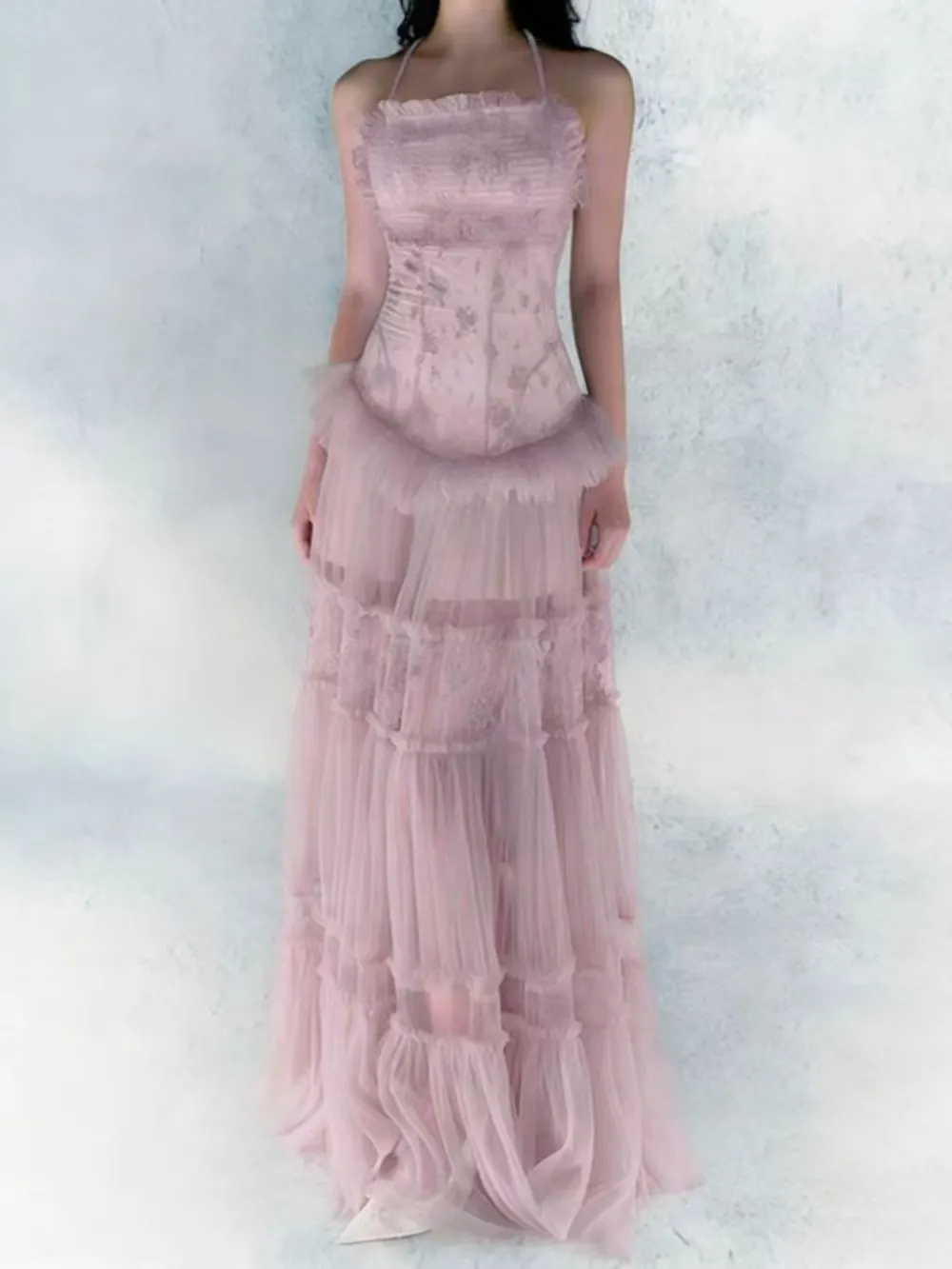Hermosa Lace Splicing Layer Maxi Dress In Pink - OWNCI