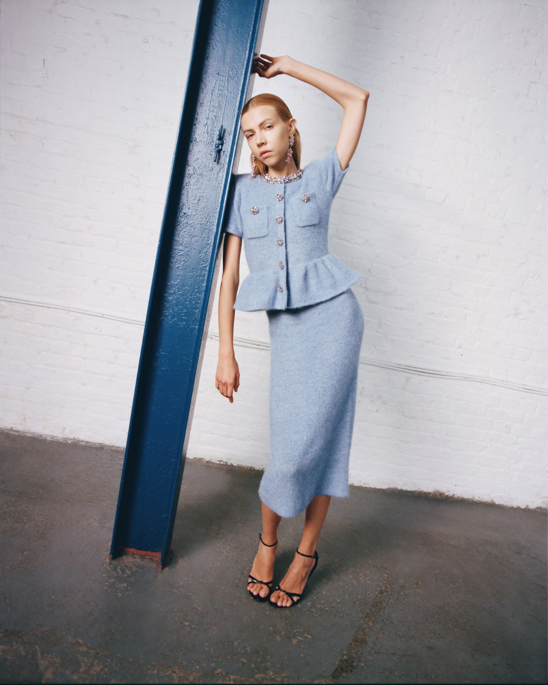Kimberley Rhinestone Peplum Knit Midi Dress In Blue - OWNCI Kimberley Rhinestone Peplum Knit Midi Dress In Blue - OWNCI