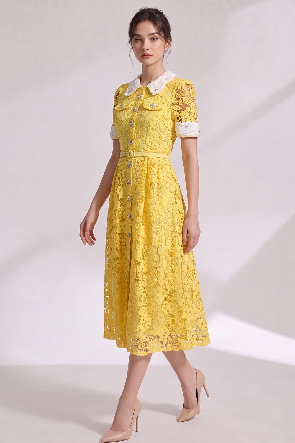 Yellow Guipure Floral Lace A-Line Midi Dress - OWNCI Yellow Guipure Floral Lace A-Line Midi Dress - OWNCI