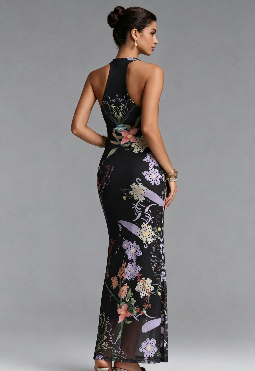 Black Sheer Mesh Fitted Column Maxi Dress with Engineered Floral Print - OWNCI Black Sheer Mesh Fitted Column Maxi Dress with Engineered Floral Print - OWNCI