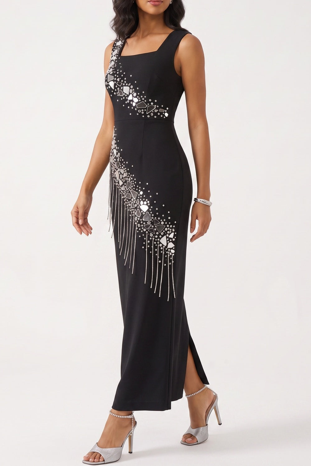 Sleeveless Square Neck Rhinestone Fringe Midi Bodycon Dress - OWNCI Sleeveless Square Neck Rhinestone Fringe Midi Bodycon Dress - OWNCI