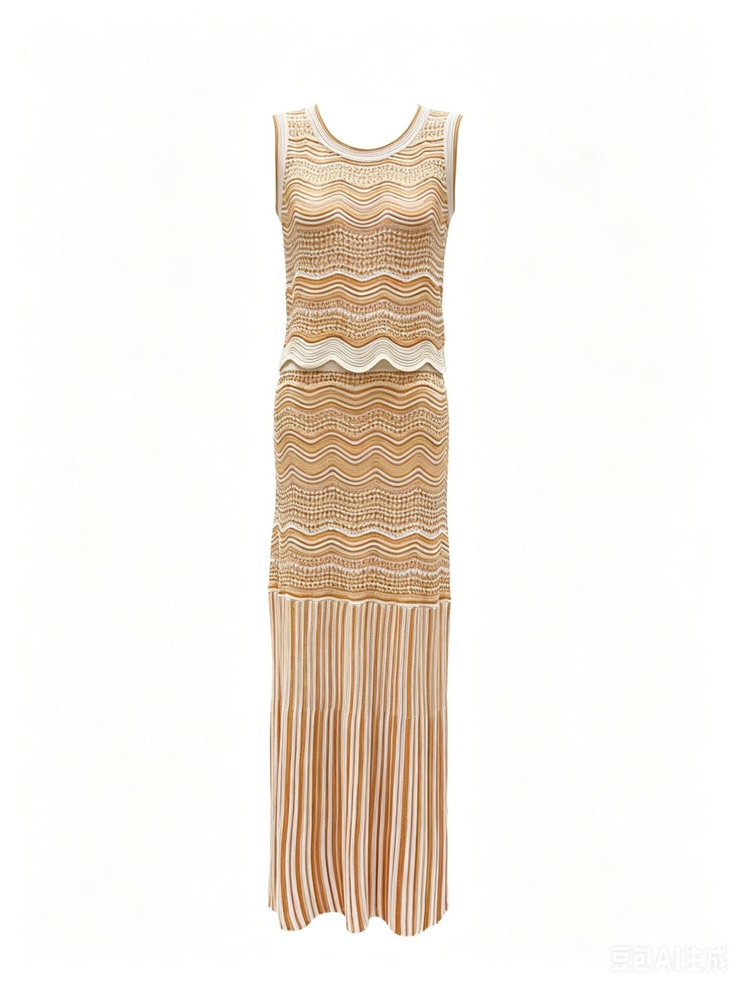 Beige Pointelle Knit Fitted Column Two-Piece Set - OWNCI Beige Pointelle Knit Fitted Column Two-Piece Set - OWNCI