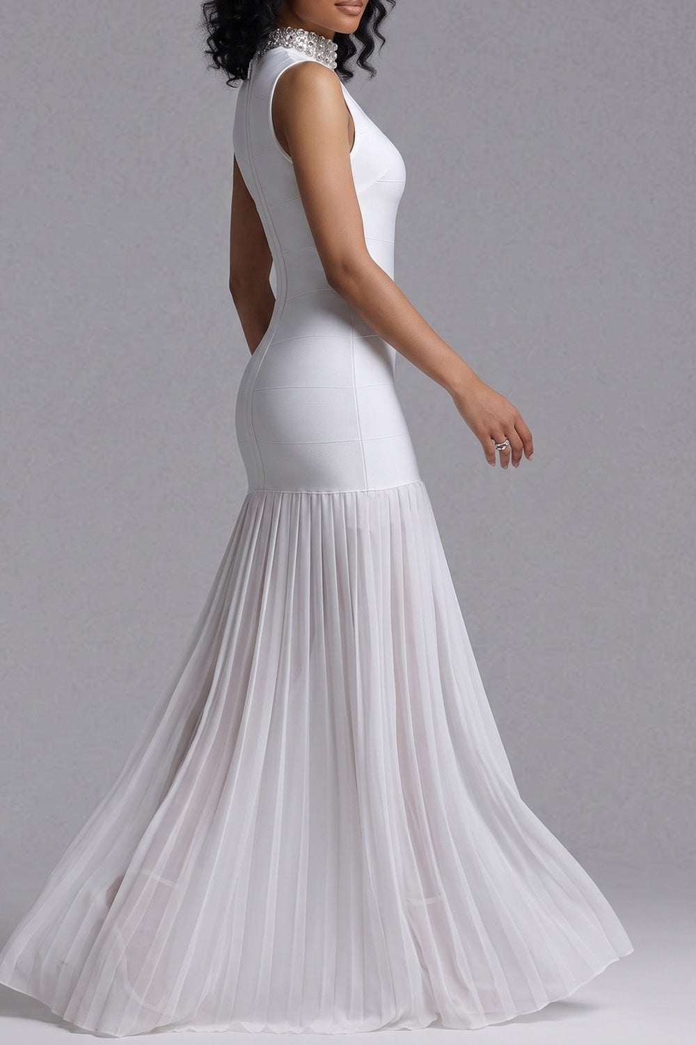 Rhinestone High Neck Sleeveless Bandage Chiffon Maxi Dress - OWNCI
