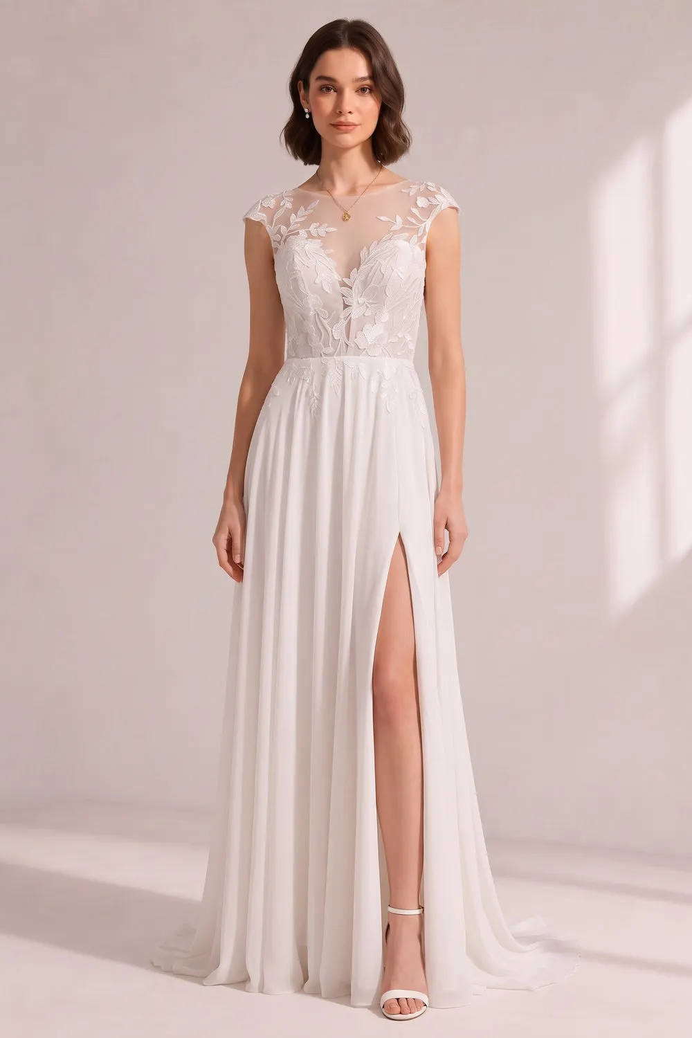 Illusion Cap Sleeve Floral Lace High Slit Chiffon Wedding Gown - OWNCI Illusion Cap Sleeve Floral Lace High Slit Chiffon Wedding Gown - OWNCI