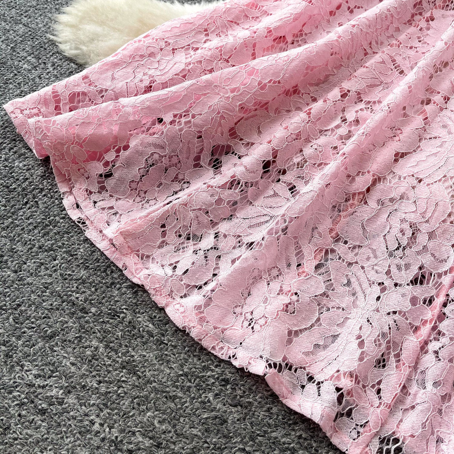 Pink Floral Lace A-Line Midi Dress - OWNCI