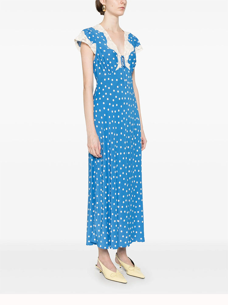 Lyuba Polka Dot Lace-Trimmed V-Neck Maxi Dress In Blue - OWNCI Lyuba Polka Dot Lace-Trimmed V-Neck Maxi Dress In Blue - OWNCI