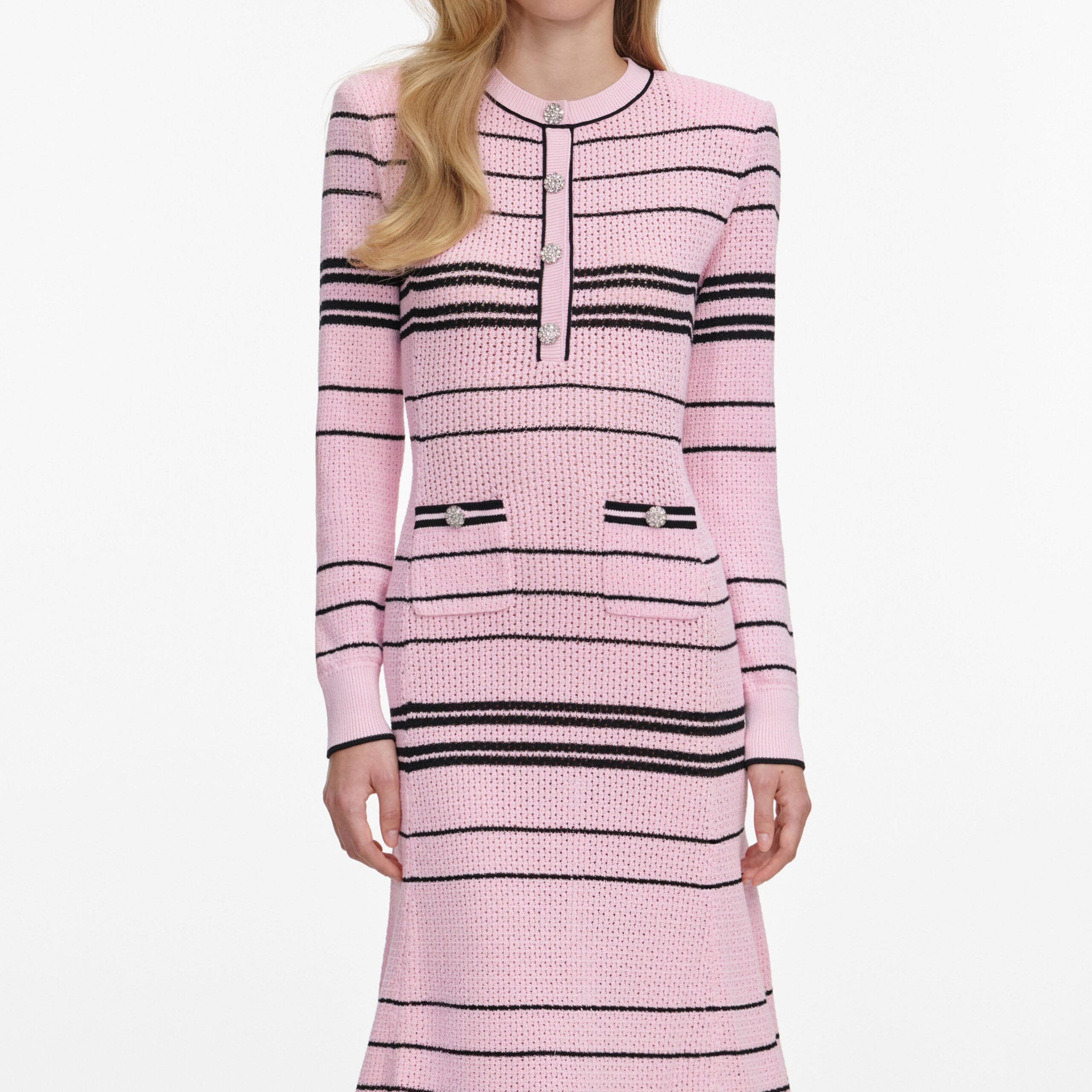 Selena Long Sleeve Stripe Knit Midi Dress In Pink - OWNCI Selena Long Sleeve Stripe Knit Midi Dress In Pink - OWNCI