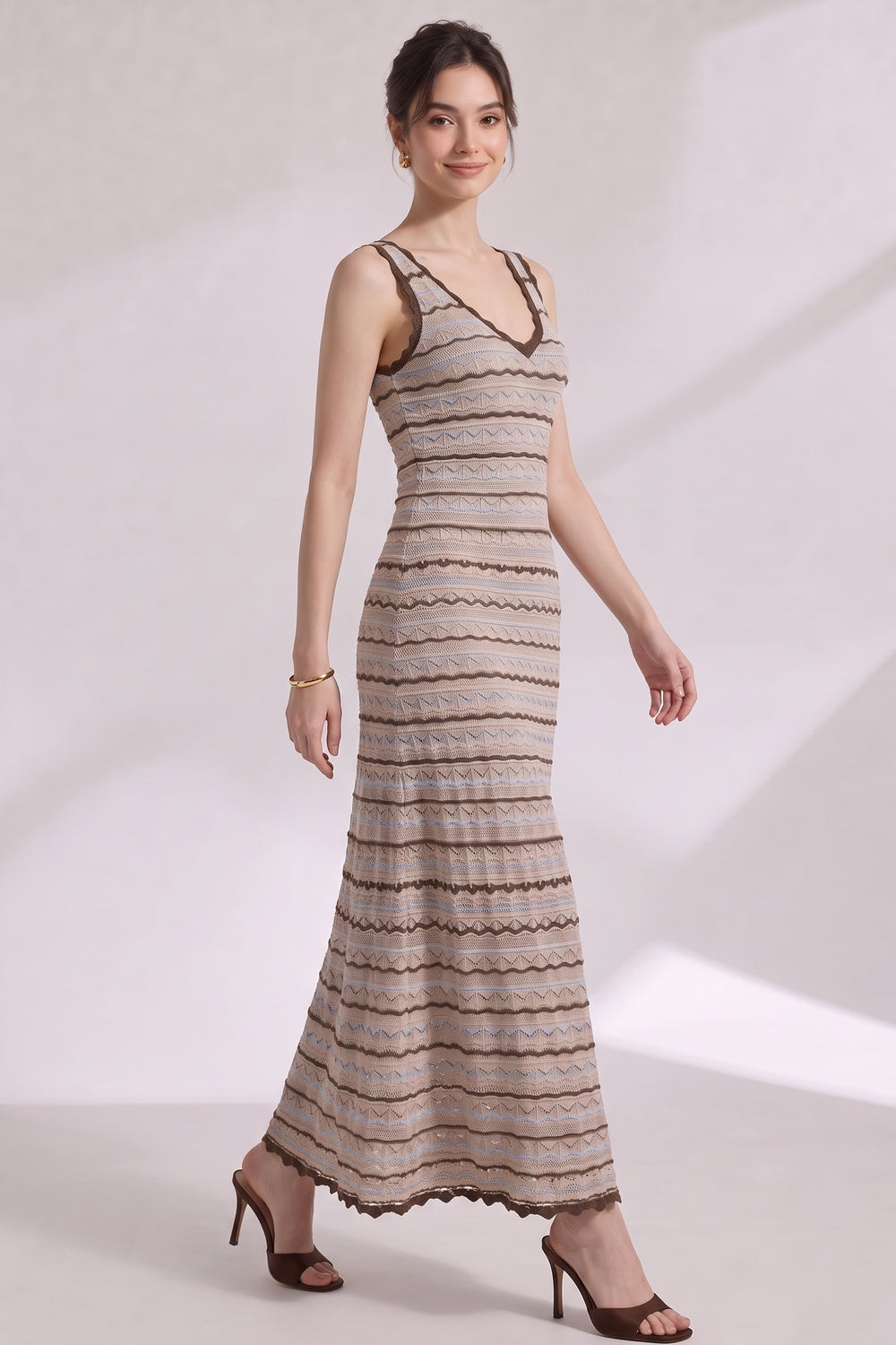 Beige Crochet-Style Knit A-Line Maxi Dress - OWNCI Beige Crochet-Style Knit A-Line Maxi Dress - OWNCI